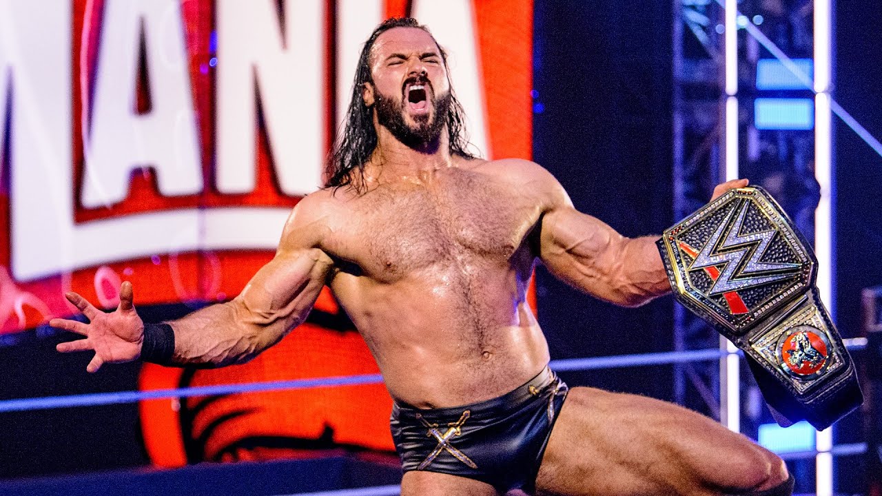 Drew McIntyre celebrates after beating Brock Lesnar for the WWE Championship at Wrestlemania 36