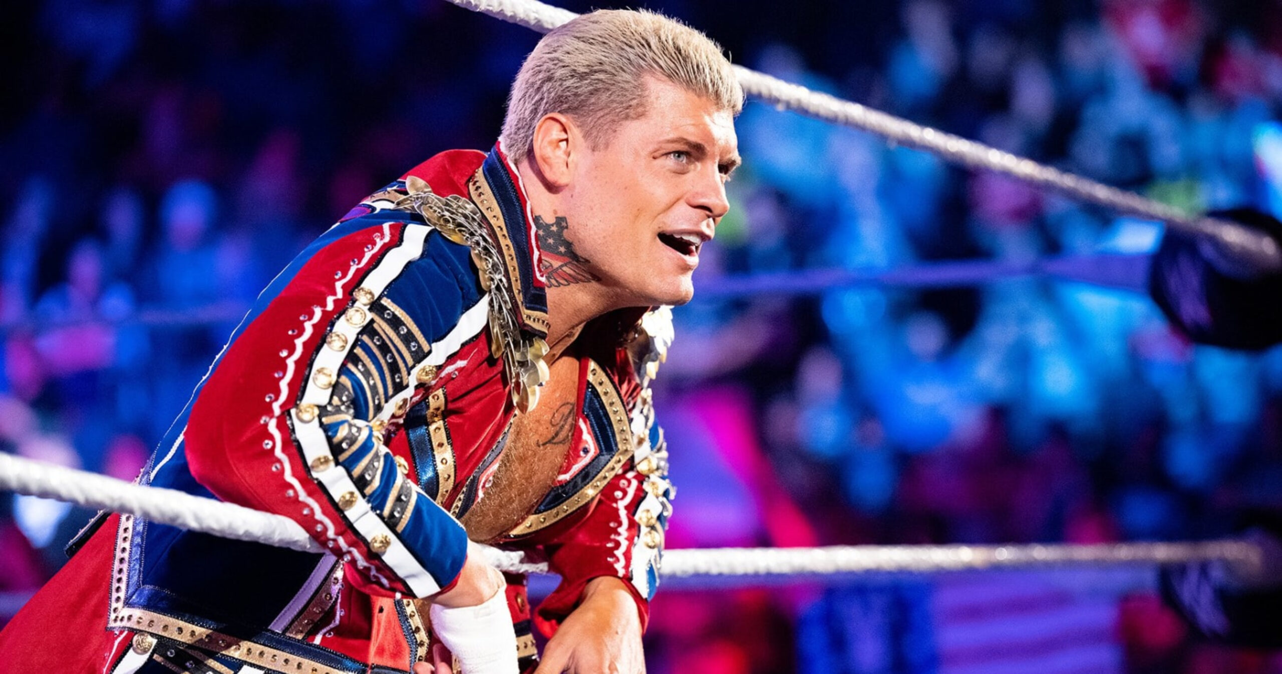 Cody Rhodes on the ropes after hearing his wwe entrance theme say "Wrestling Has More Than One Royal Family"